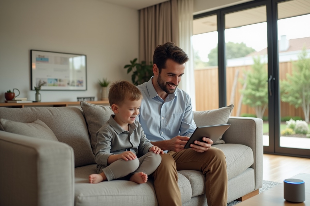 Père et son enfant regardant une tablette de domotique dans le salon