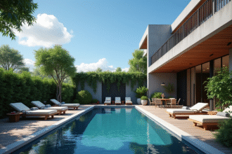 Piscine moderne dans un jardin luxueux ensoleille