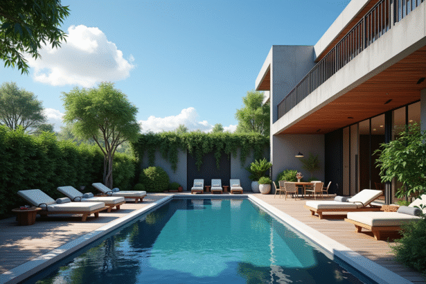 Piscine moderne dans un jardin luxueux ensoleille