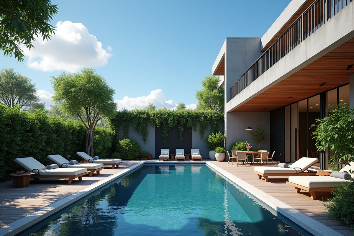 Piscine moderne dans un jardin luxueux ensoleille