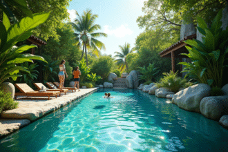 Piscine naturelle entourée de pierres et de plantes vertes