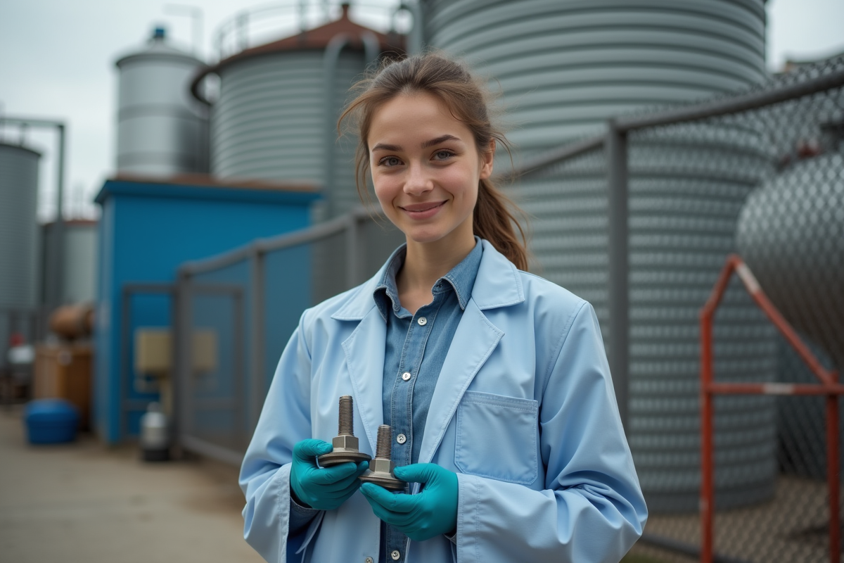 Jeune technicienne avec boulons en extérieur industriel