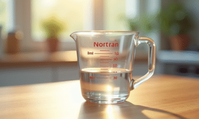 Verre mesure liquide sur plan de travail lumineux