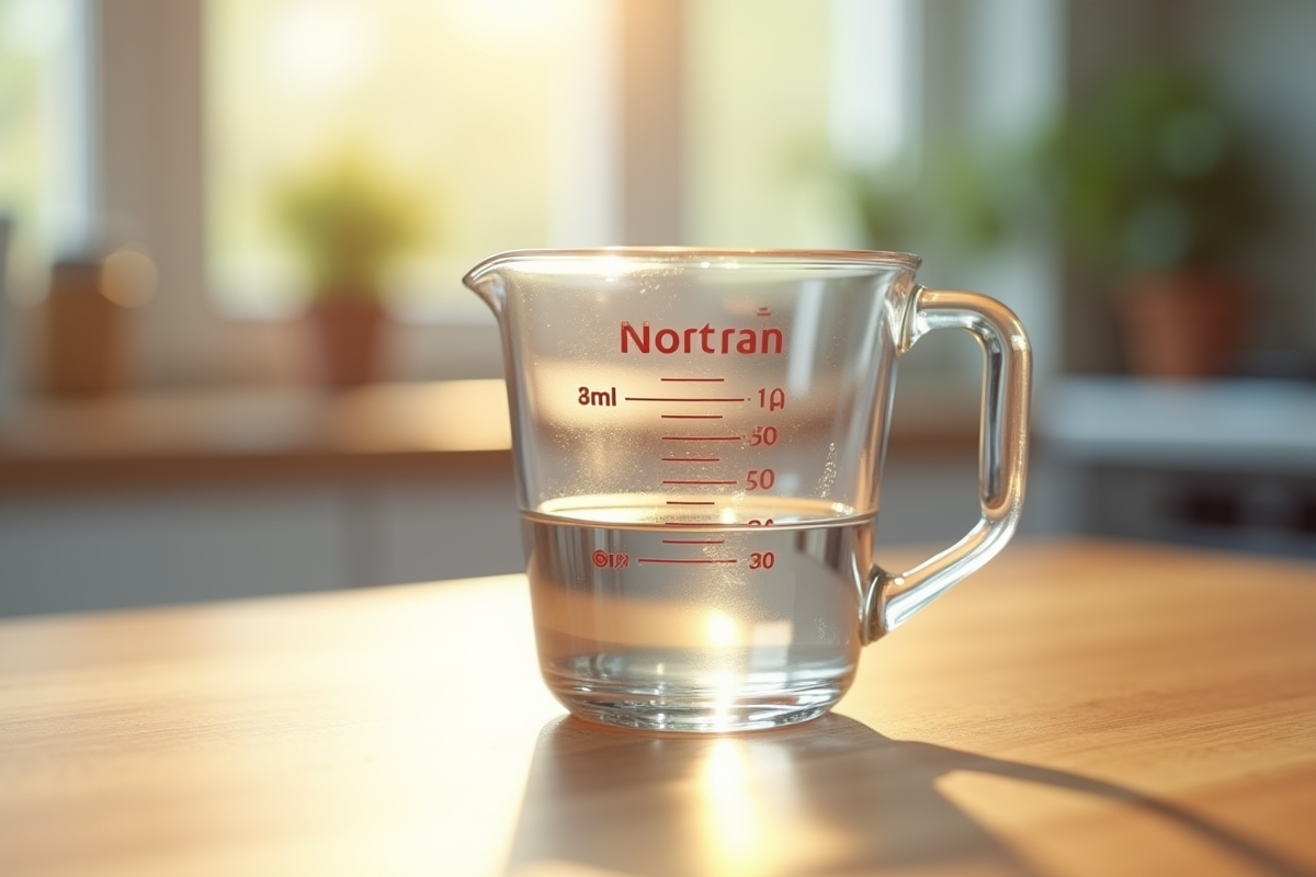 Verre mesure liquide sur plan de travail lumineux
